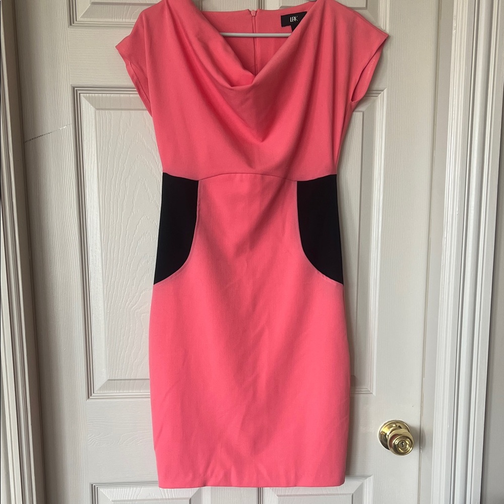 LRK Coral Pink Cowl-Neck Sheath Dress with Black Side Insets